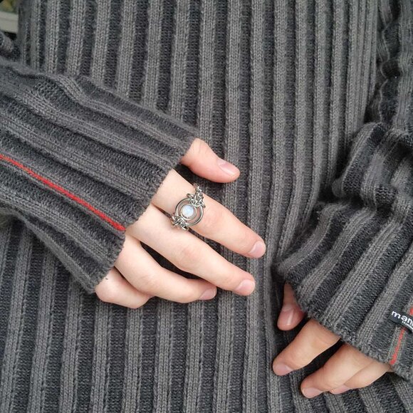 Opalite big silver medieval elf chainmail chain-link ring ✦ size 9 ✦ - Picture 8 of 9